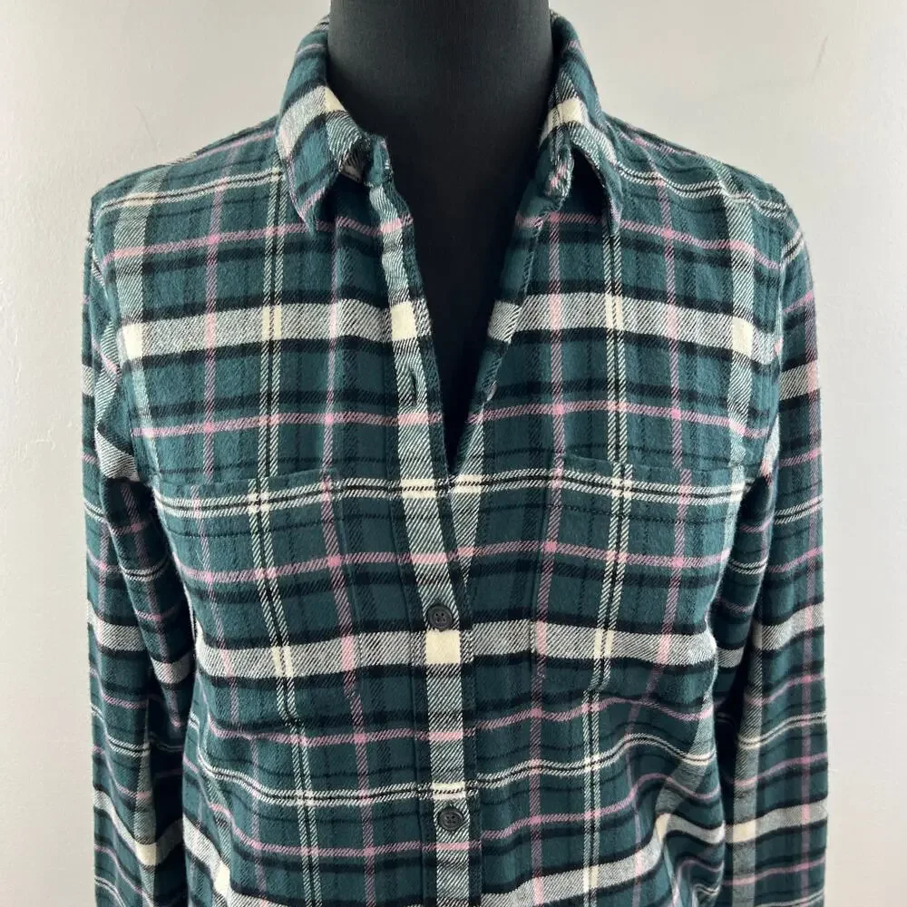 MADEWELL Green White Baywood Plaid Flannel Classic Ex-Boyfriend Shirt Size XS - Picture 2 of 10